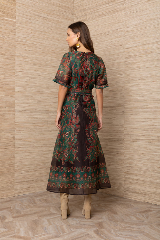 Hale Bob Multi-Coloured Parrot Floral Print Silk Linen Midi Dress