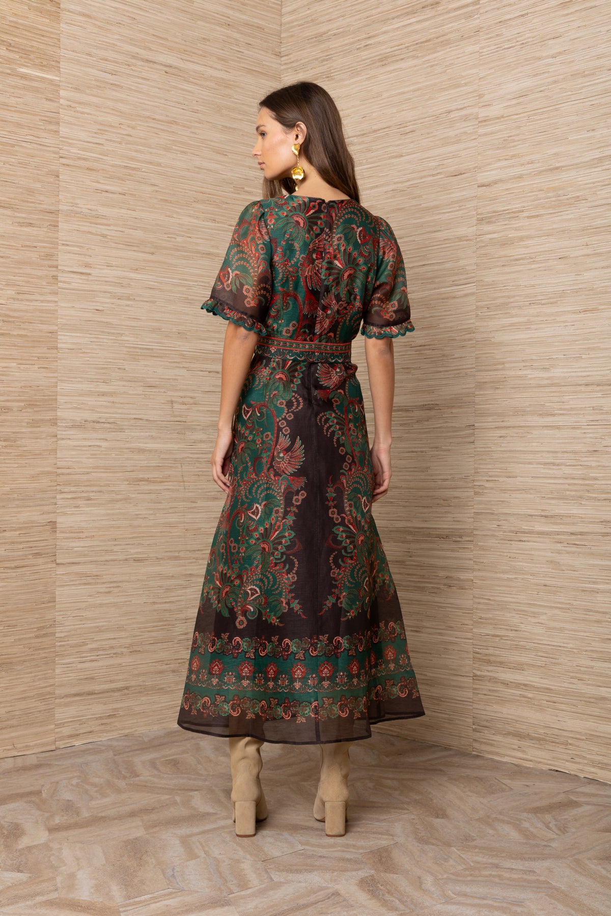 Hale Bob Multi-Coloured Parrot Floral Print Silk Linen Midi Dress