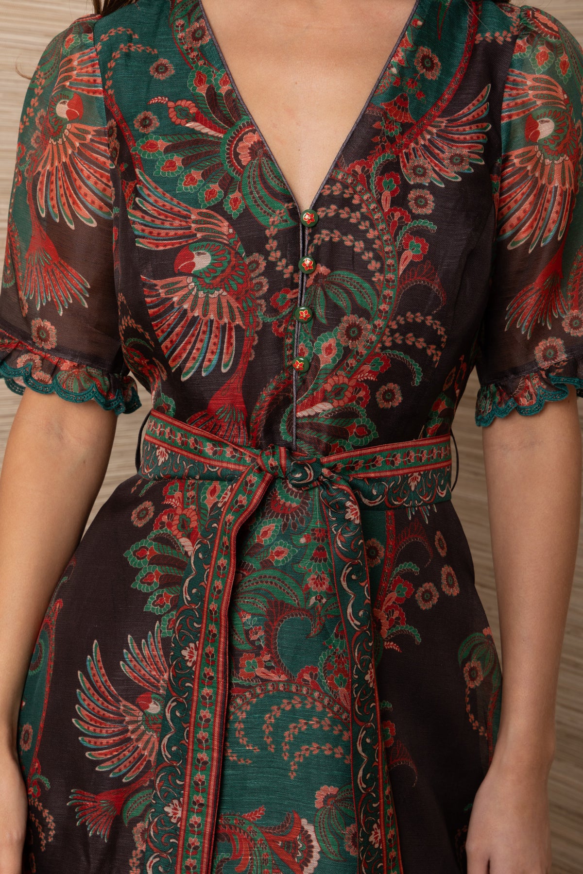 Hale Bob Multi-Coloured Parrot Floral Print Silk Linen Midi Dress