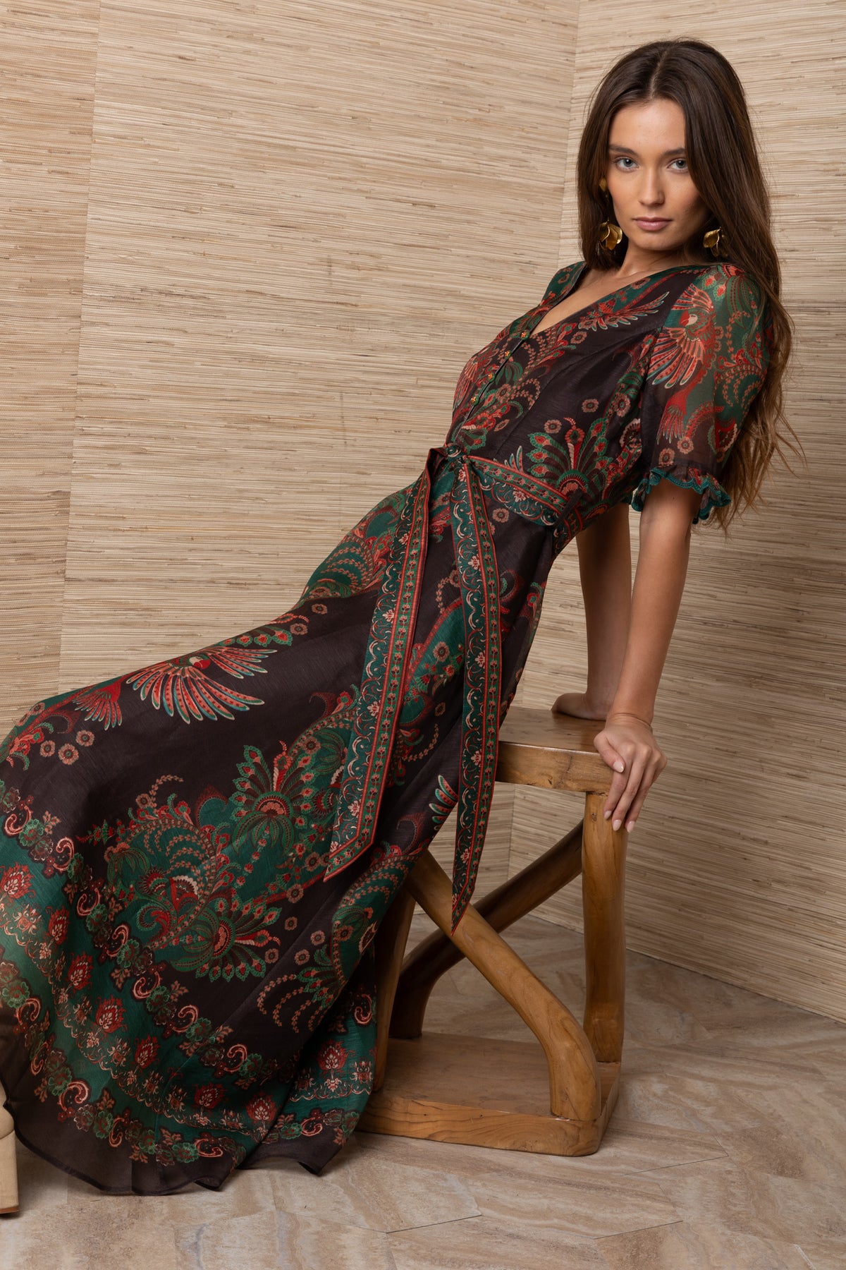 Hale Bob Multi-Coloured Parrot Floral Print Silk Linen Midi Dress