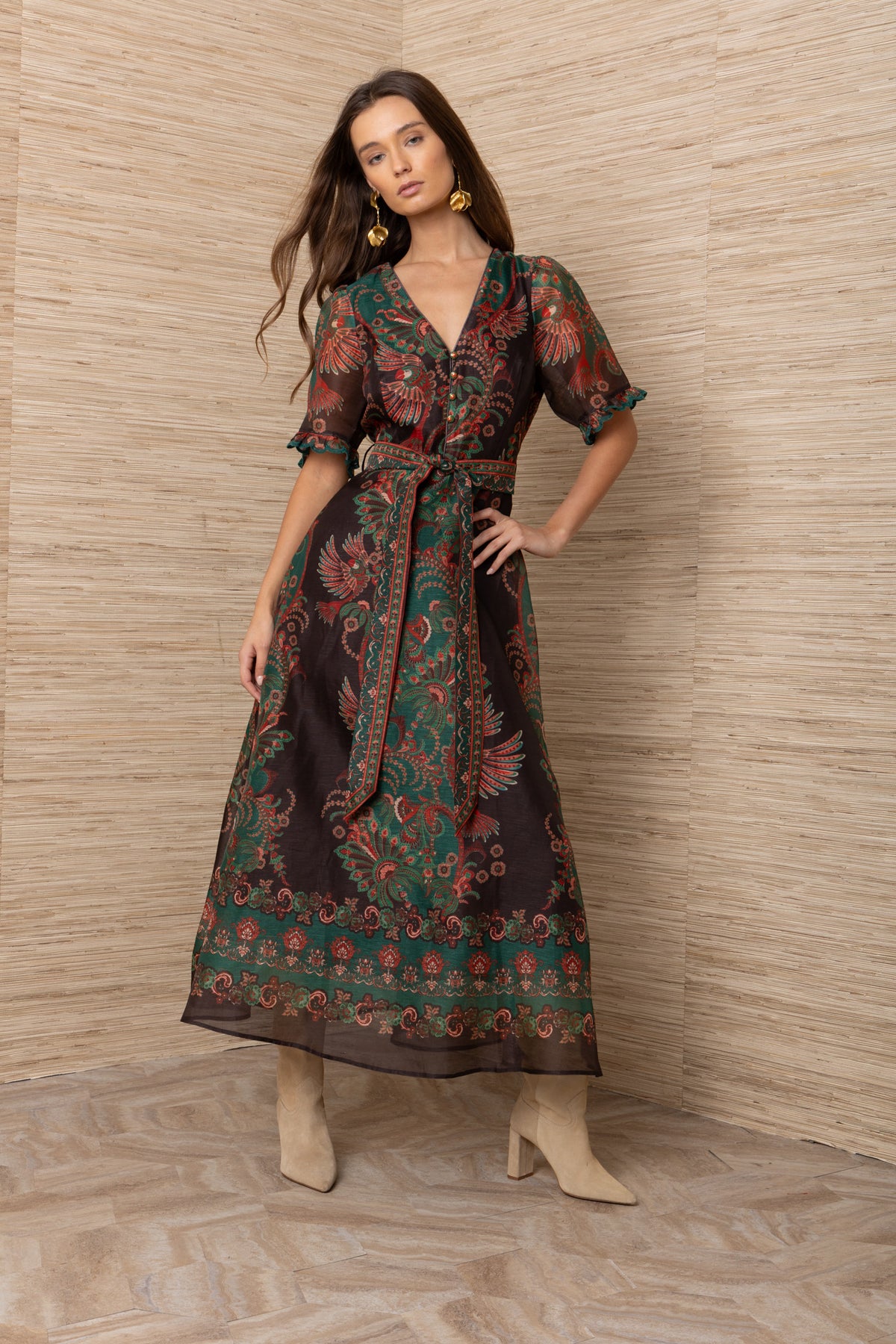 Hale Bob Multi-Coloured Parrot Floral Print Silk Linen Midi Dress