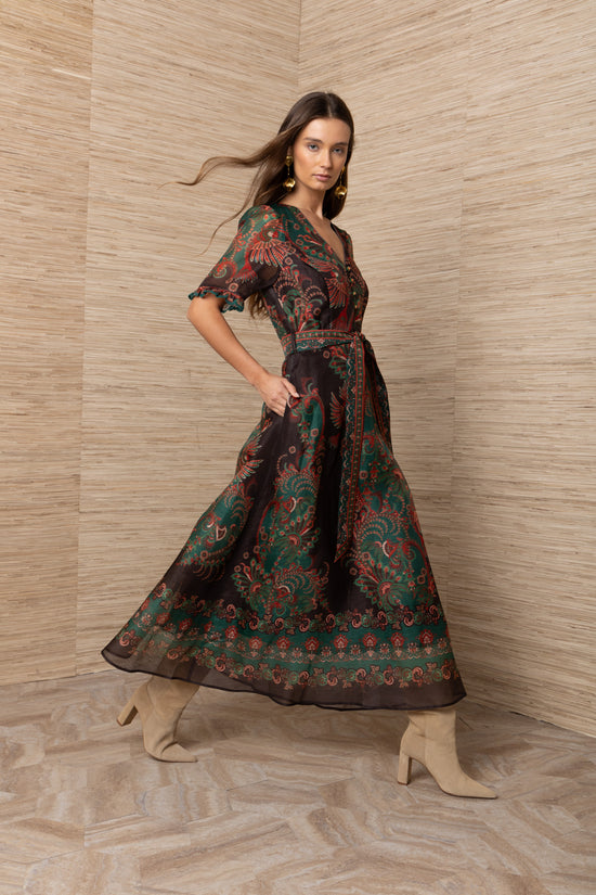 Hale Bob Multi-Coloured Parrot Floral Print Silk Linen Midi Dress