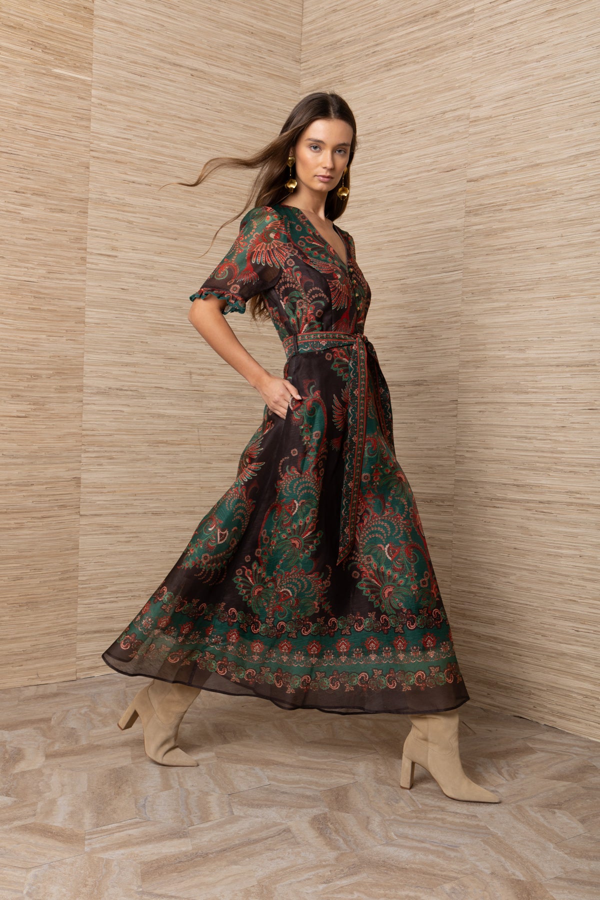 Hale Bob Multi-Coloured Parrot Floral Print Silk Linen Midi Dress
