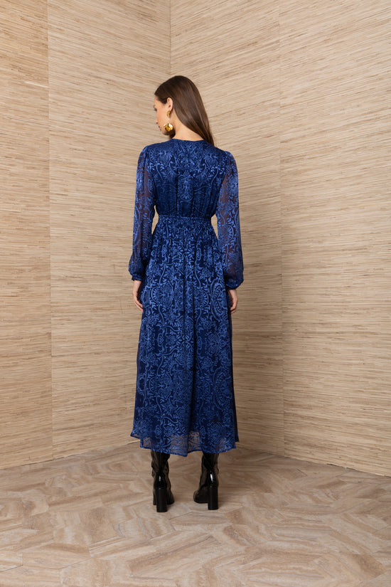 Hale Bob Navy Print Silk Midi Dress – V Neck, Shirred Waist & Long Sleeves