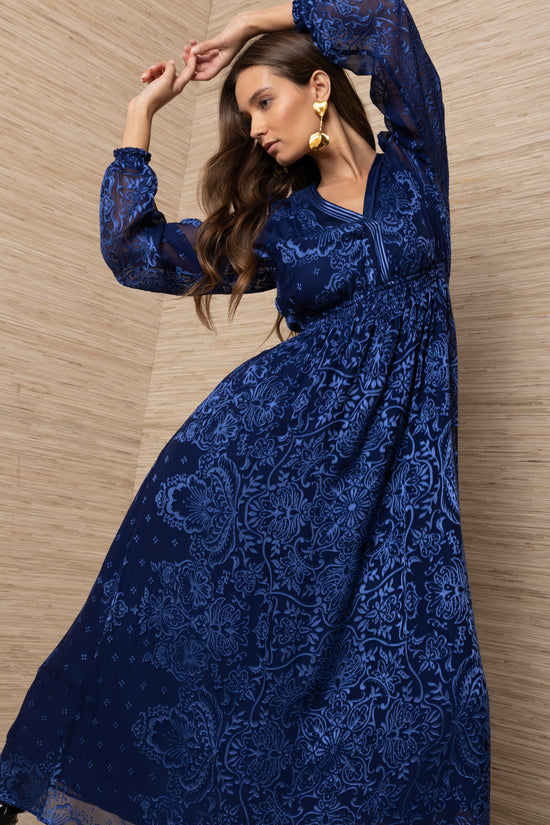 Hale Bob Navy Print Silk Midi Dress – V Neck, Shirred Waist & Long Sleeves
