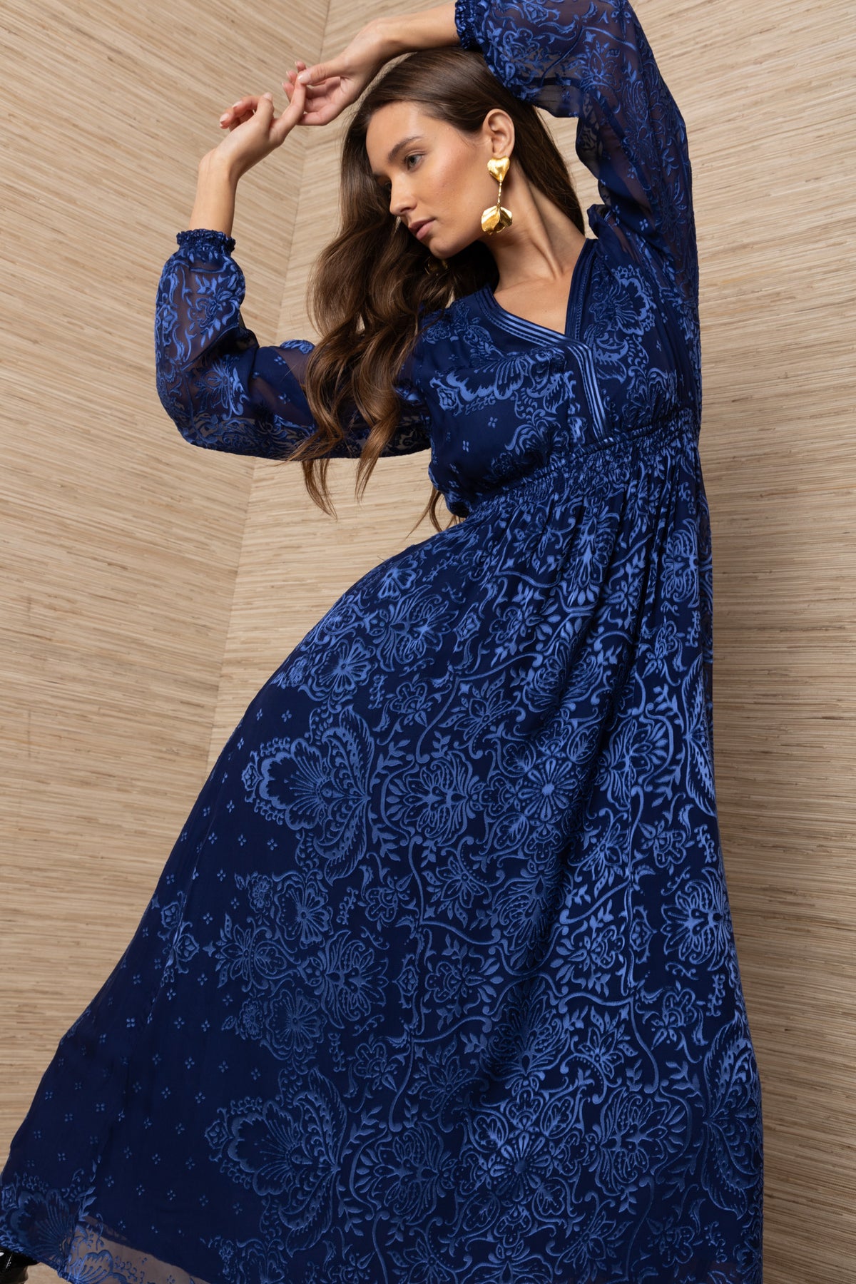 Hale Bob Navy Print Silk Midi Dress – V Neck, Shirred Waist & Long Sleeves