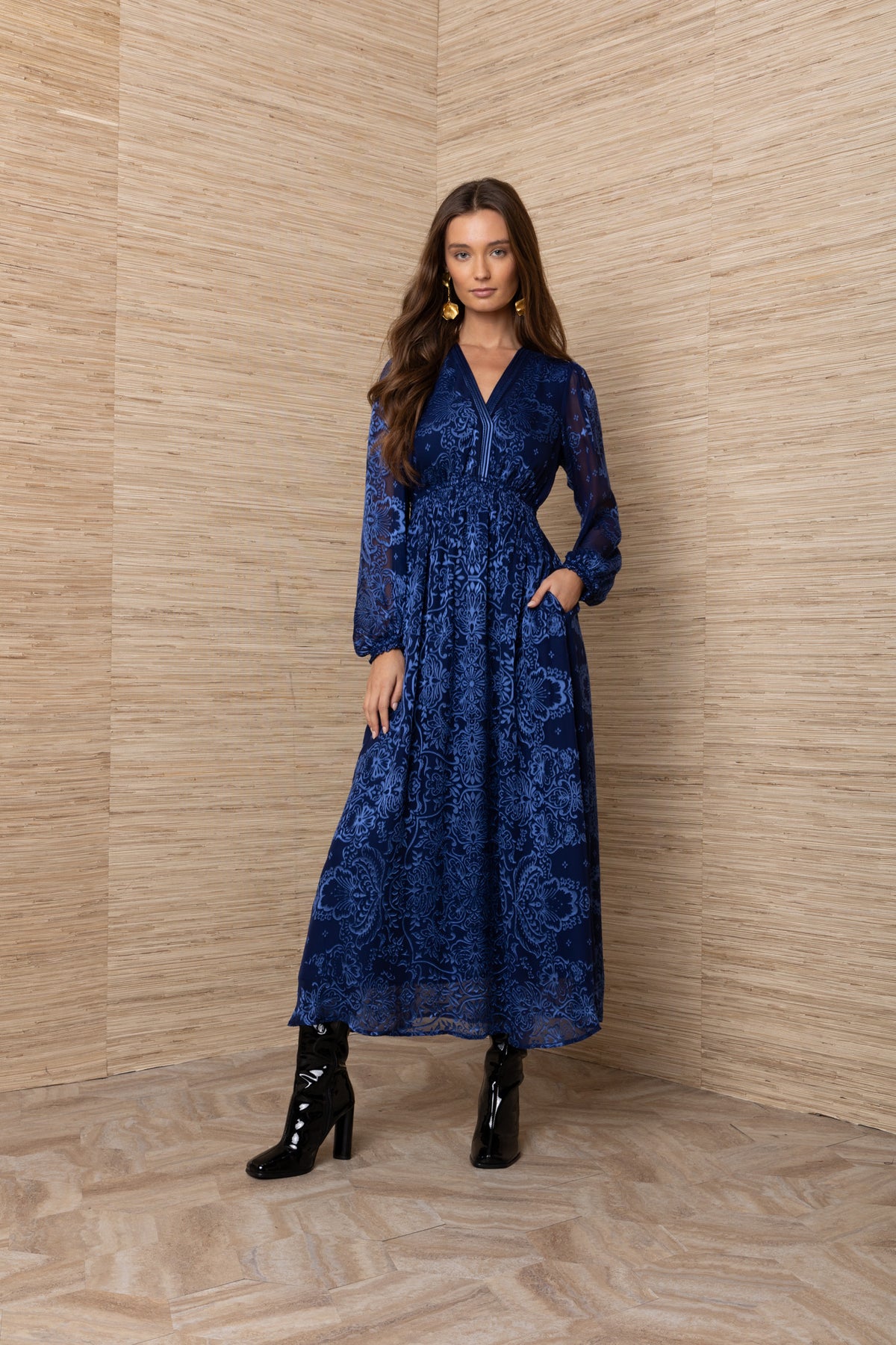 Hale Bob Navy Print Silk Midi Dress – V Neck, Shirred Waist & Long Sleeves