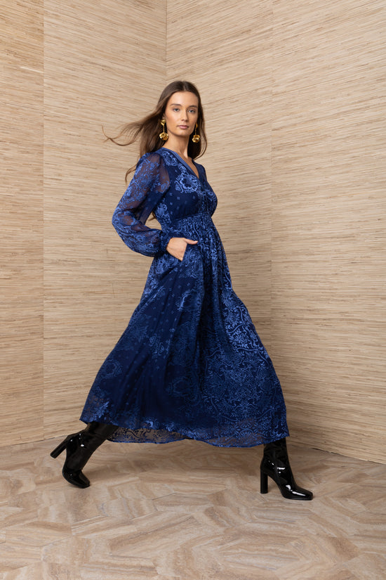 Hale Bob Navy Print Silk Midi Dress – V Neck, Shirred Waist & Long Sleeves