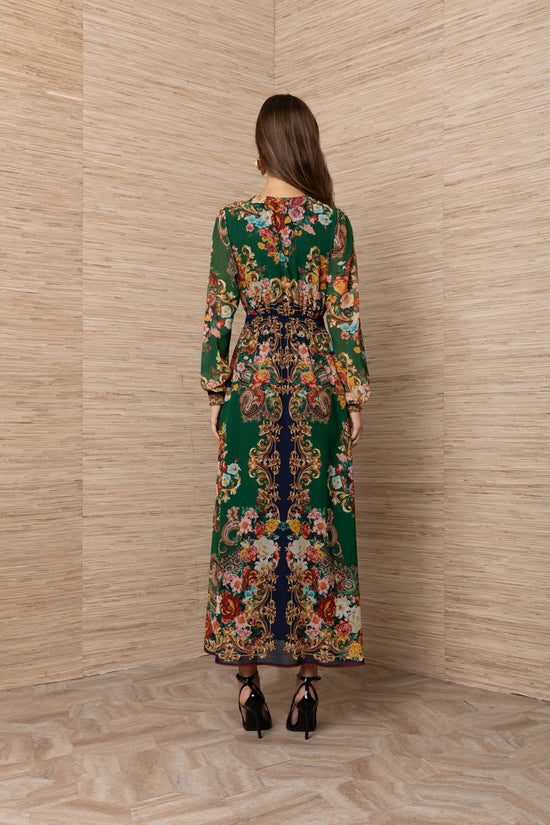 Hale Bob Green Multi Floral Print Midi Dress – Shirred Waist, Long Sleeves & Pockets