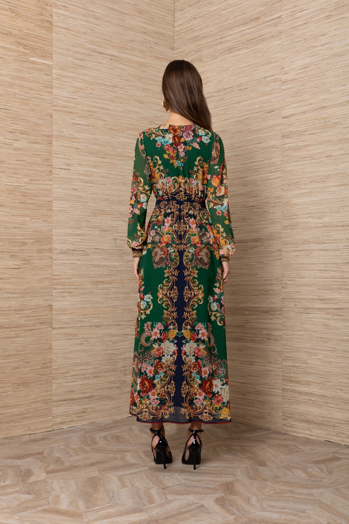 Hale Bob Green Multi Floral Print Midi Dress – Shirred Waist, Long Sleeves & Pockets