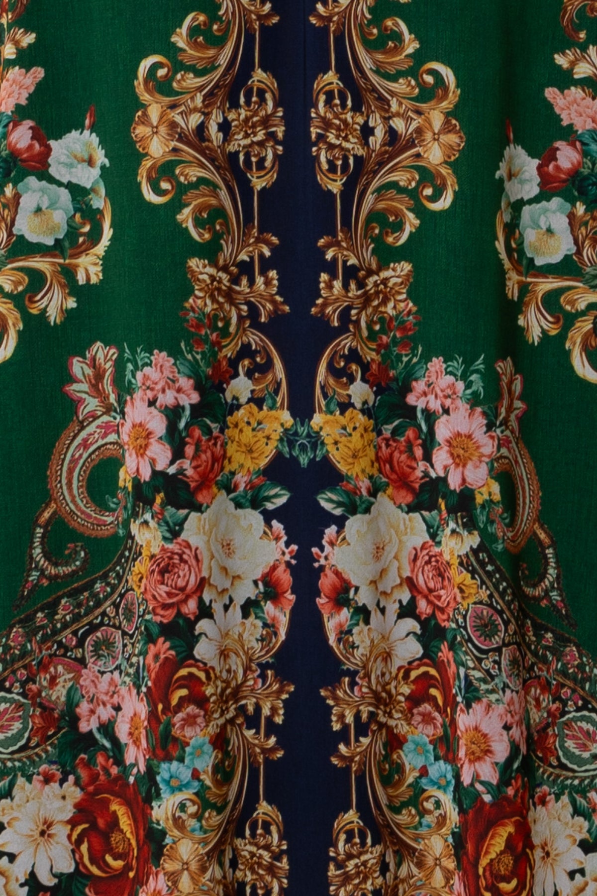 Hale Bob Green Multi Floral Print Midi Dress – Shirred Waist, Long Sleeves & Pockets