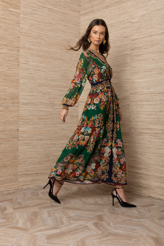 Hale Bob Green Multi Floral Print Midi Dress – Shirred Waist, Long Sleeves & Pockets