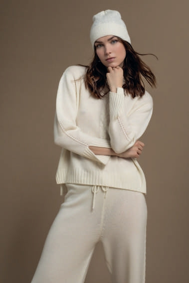 Solocascmir Cream Cashmere Sweater High Neck Cable Knit Stripe