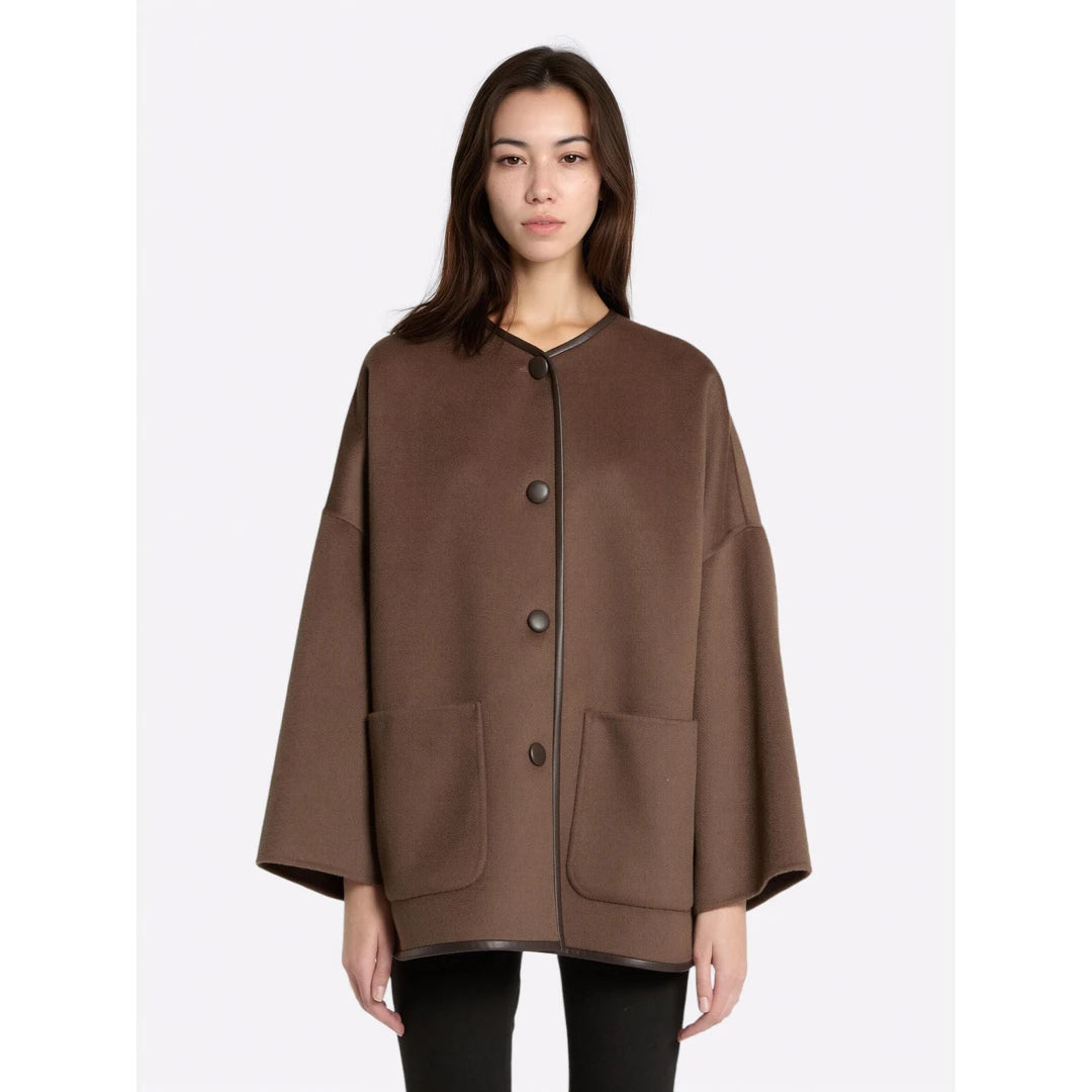 Marella Brown Wool Blend Double-Faced Cape Jacket with Leather Trim
