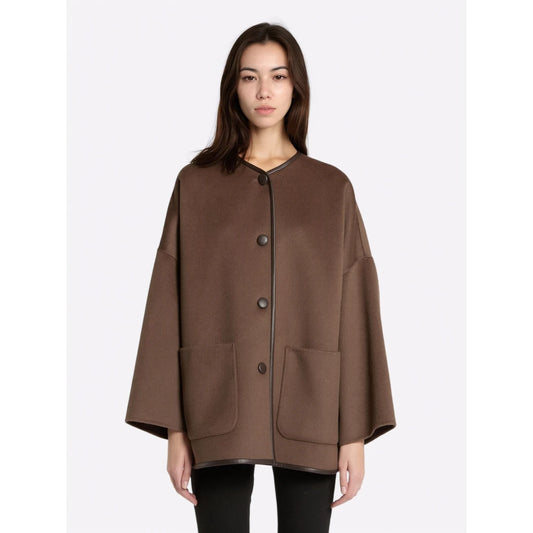 Marella Brown Wool Blend Double-Faced Cape Jacket with Leather Trim