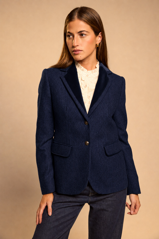 Tinta & Bariloche Navy Herringbone Wool Jacket with Velvet Lapels