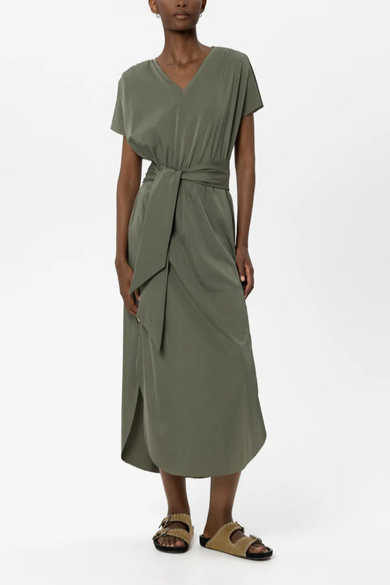 Luisa Cerano Khaki V-Neckline Cap Sleeve Soft Shell Dress