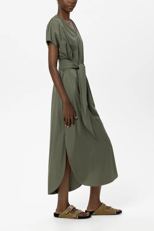 Luisa Cerano Khaki V-Neckline Cap Sleeve Soft Shell Dress