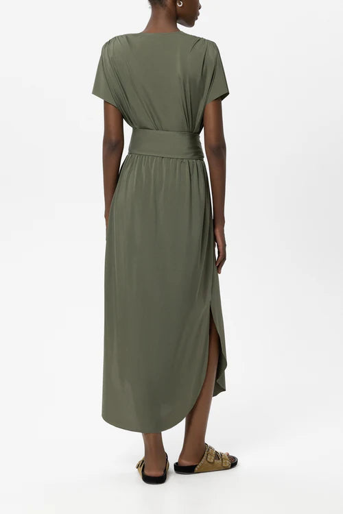 Luisa Cerano Khaki V-Neckline Cap Sleeve Soft Shell Dress