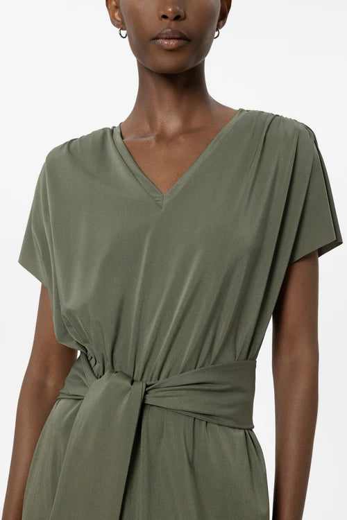 Luisa Cerano Khaki V-Neckline Cap Sleeve Soft Shell Dress