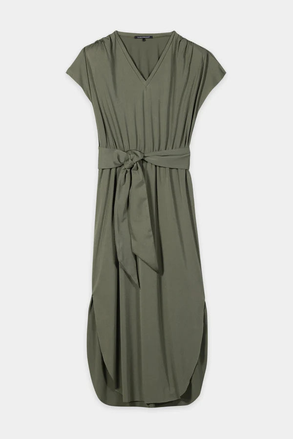 Luisa Cerano Khaki V-Neckline Cap Sleeve Soft Shell Dress