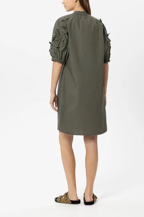 Luisa Cerano Khaki Midi Dress with Eyelet Embroidery 738667