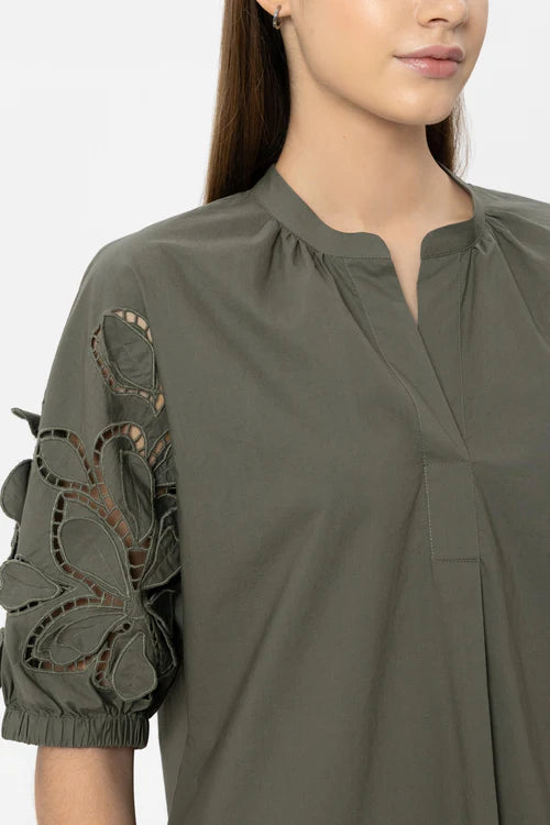 Luisa Cerano Khaki Midi Dress with Eyelet Embroidery 738667