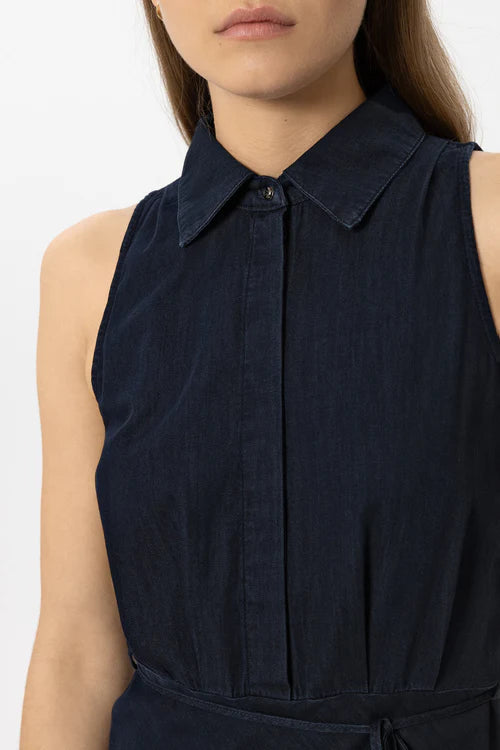 Luisa Cerano Dark Blue Denim Long Sleeveless Shirt Dress