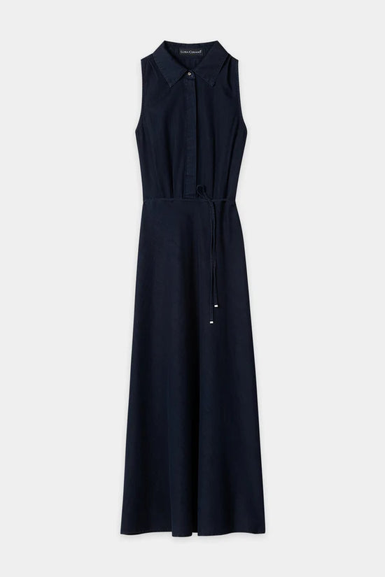 Luisa Cerano Dark Blue Denim Long Sleeveless Shirt Dress