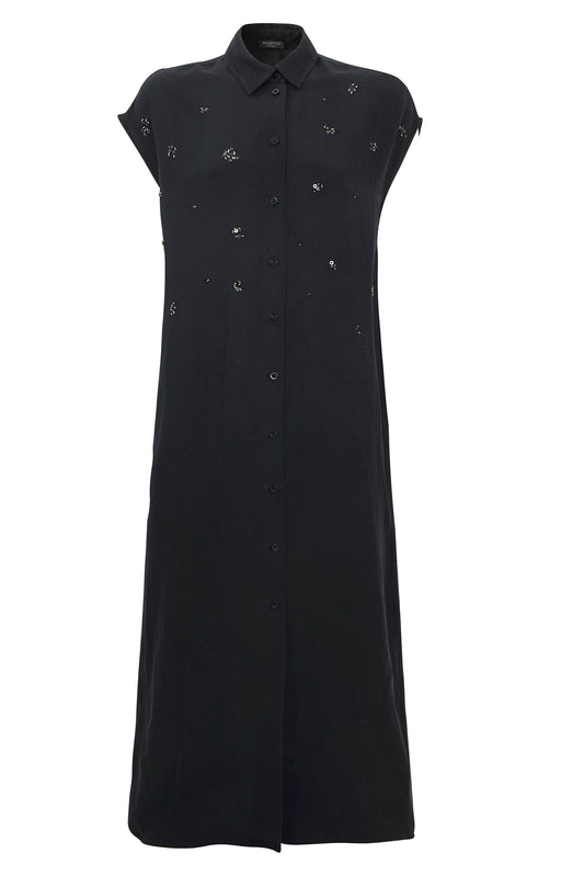Margittes Black Shirt Dress with Sequin Detail – Short Sleeve Linen Blend Dress 767742504