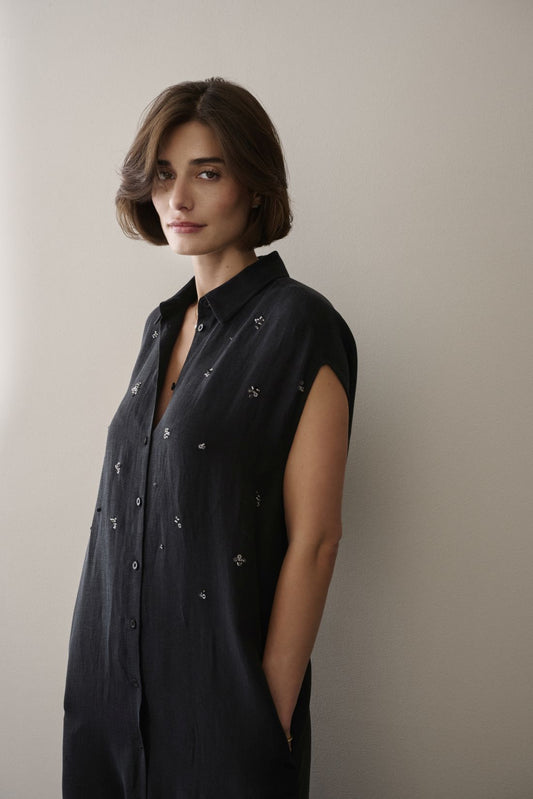 Margittes Black Shirt Dress with Sequin Detail – Short Sleeve Linen Blend Dress 767742504