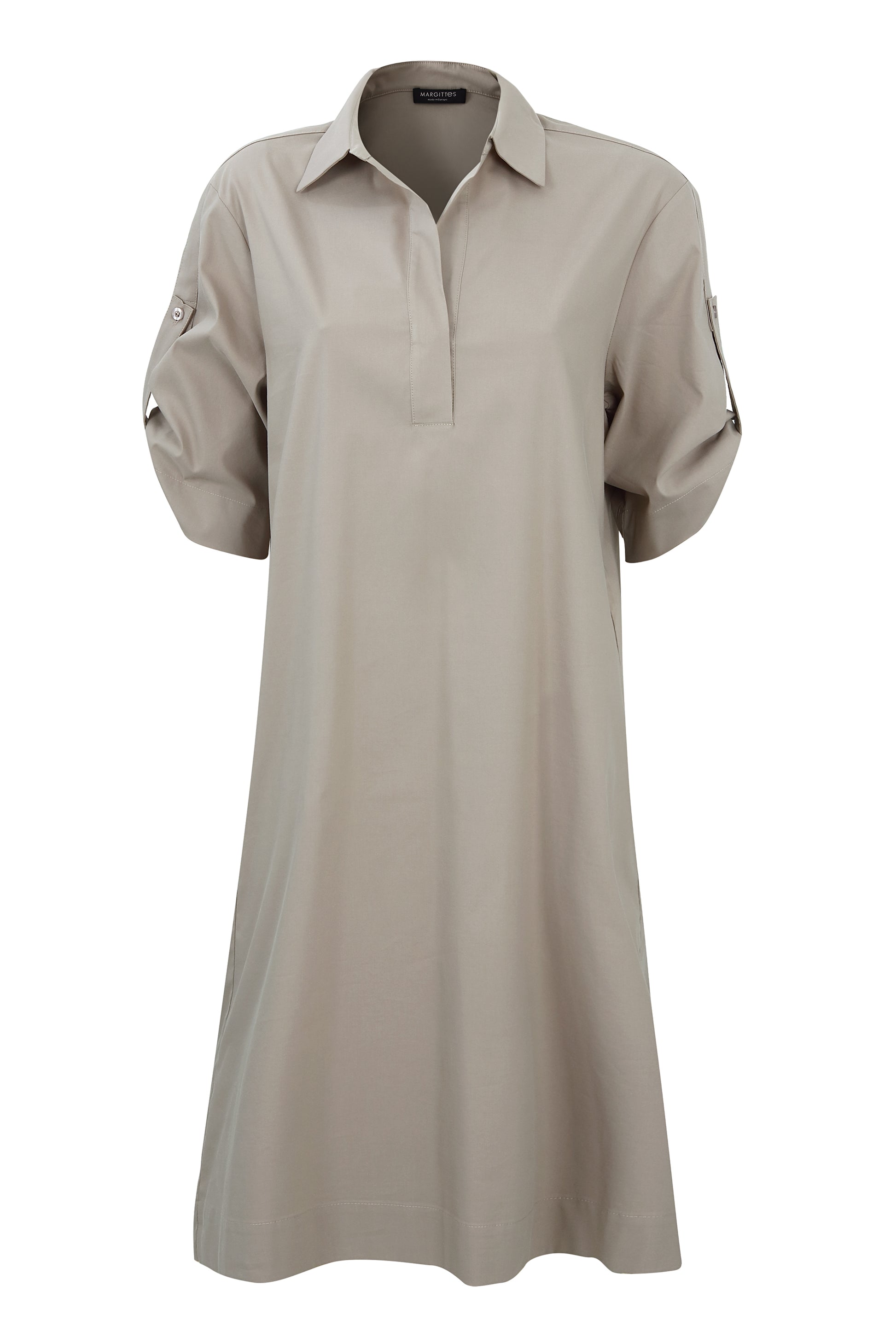 Margittes Beige Cotton Blend Midi Dress with Shirt Collar & 3/4 Sleeves 767762534