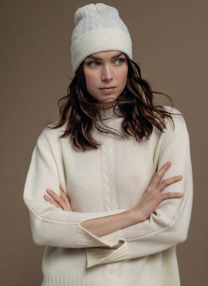 Solocascmir Cream Cashmere Sweater High Neck Cable Knit Stripe
