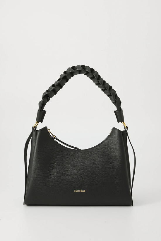 Coccinelle Boheme Grana Double Leather Handbag in Black & Cognac with Zip Fastening