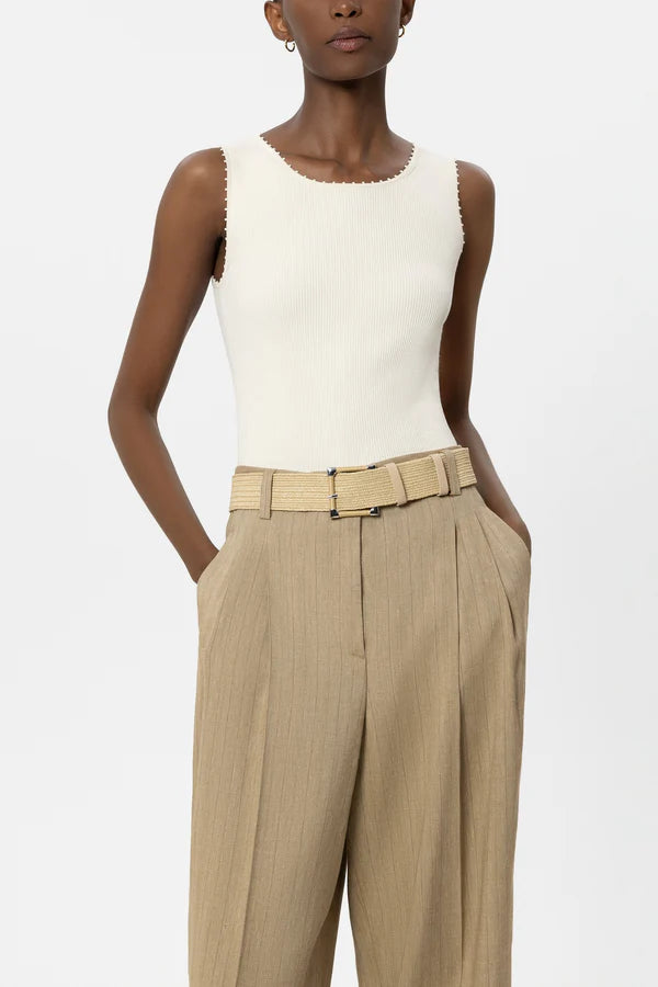 Luisa Cerano Sand Elastic Raffia Belt with Square Pin Buckle