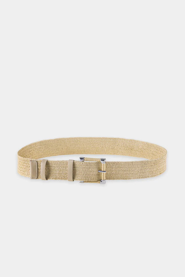 Luisa Cerano Sand Elastic Raffia Belt with Square Pin Buckle