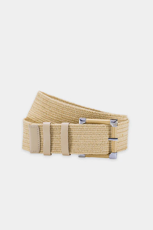 Luisa Cerano Sand Elastic Raffia Belt with Square Pin Buckle