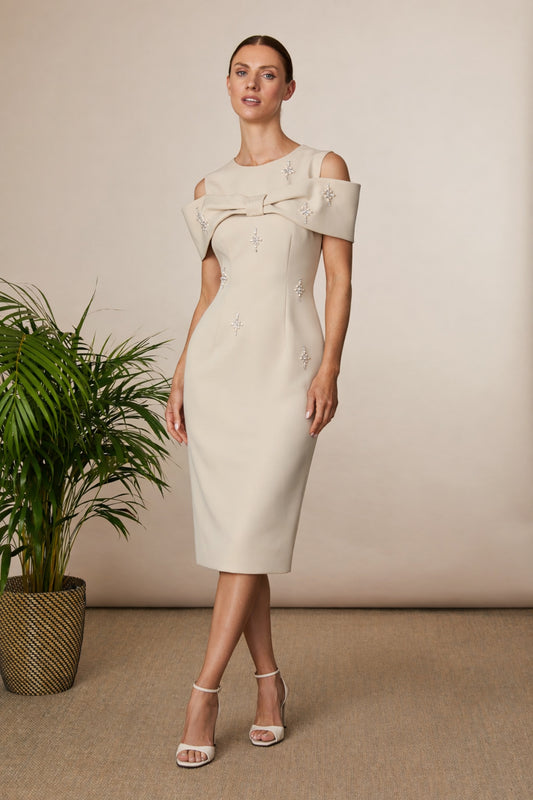 Fee Gee Biscuit Phoebe Midi Dress Off-the-Shoulder Bow & Contrast Beading 852b/106