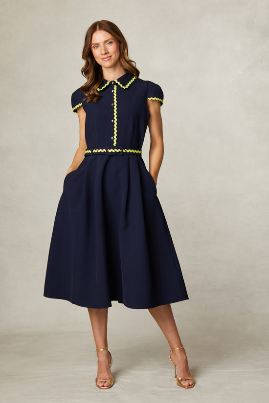Fee G Navy Tailored Dress with Cap Sleeves, Pleated Skirt & Contrast Rick-Rack Trim 865b/59