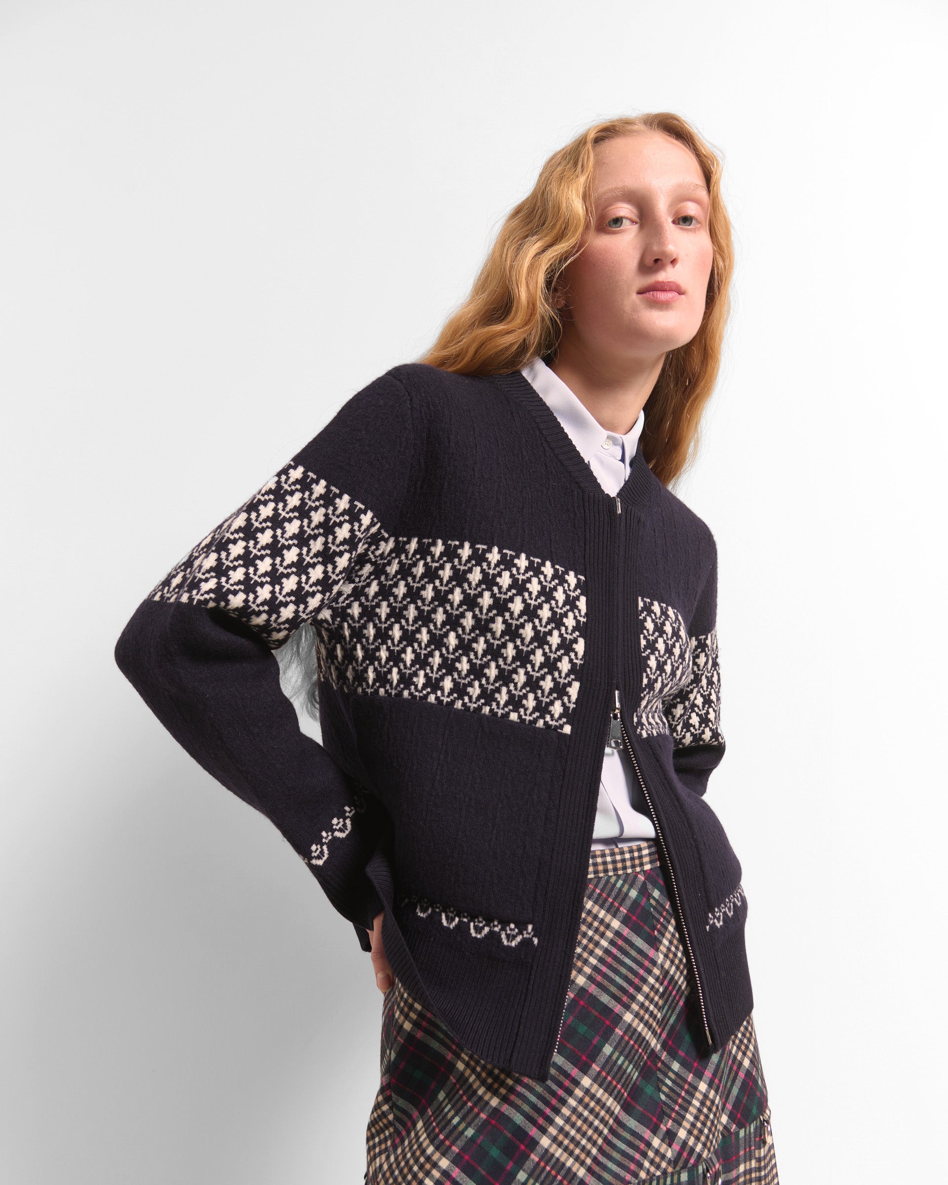 Beatrice B Dark Blue Reversible Wool Cardigan