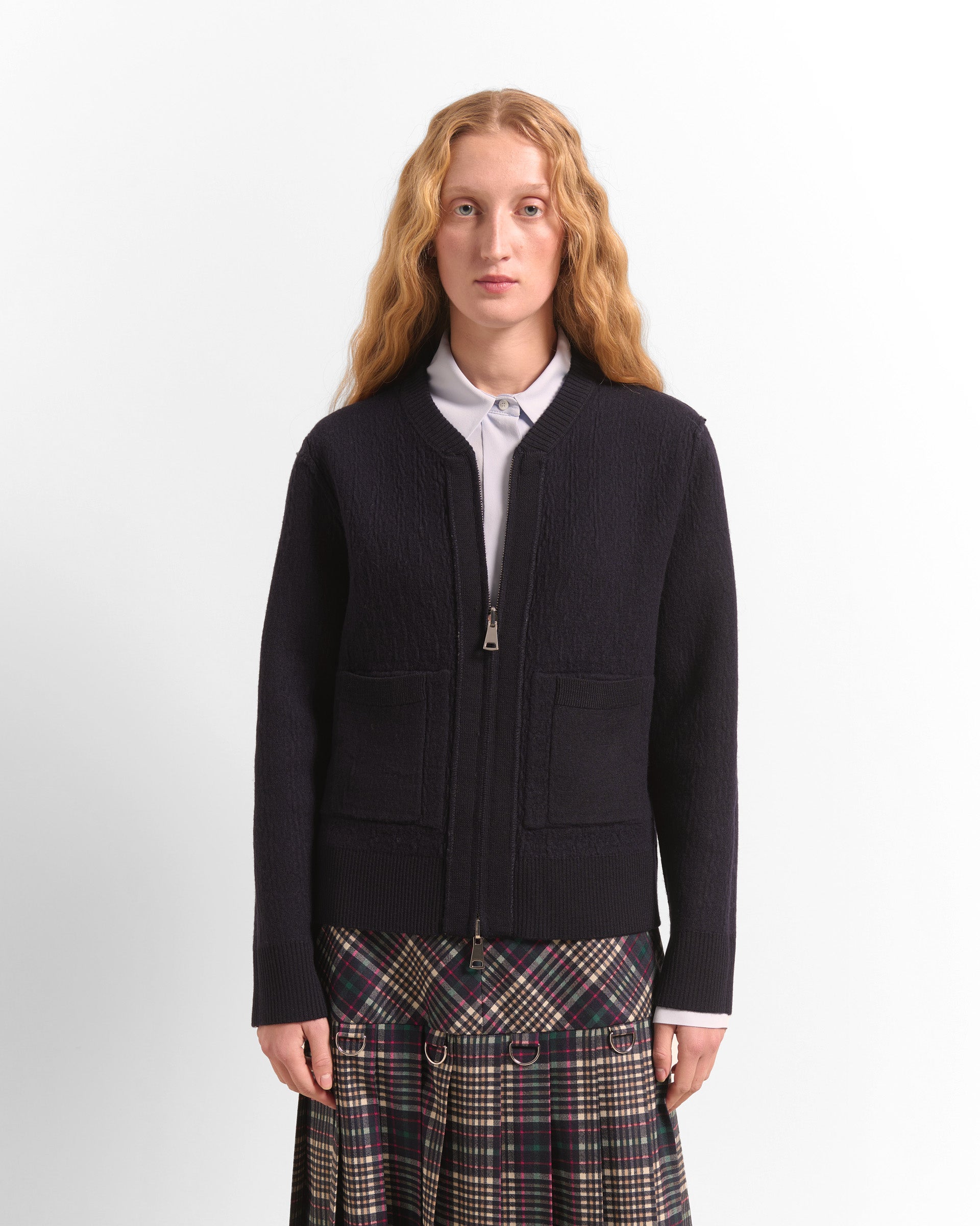 Beatrice B Dark Blue Reversible Wool Cardigan
