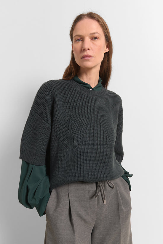 Beatrice B Dark Blue Ribbed Wool Crew Neck, Short Sleeve Sweater