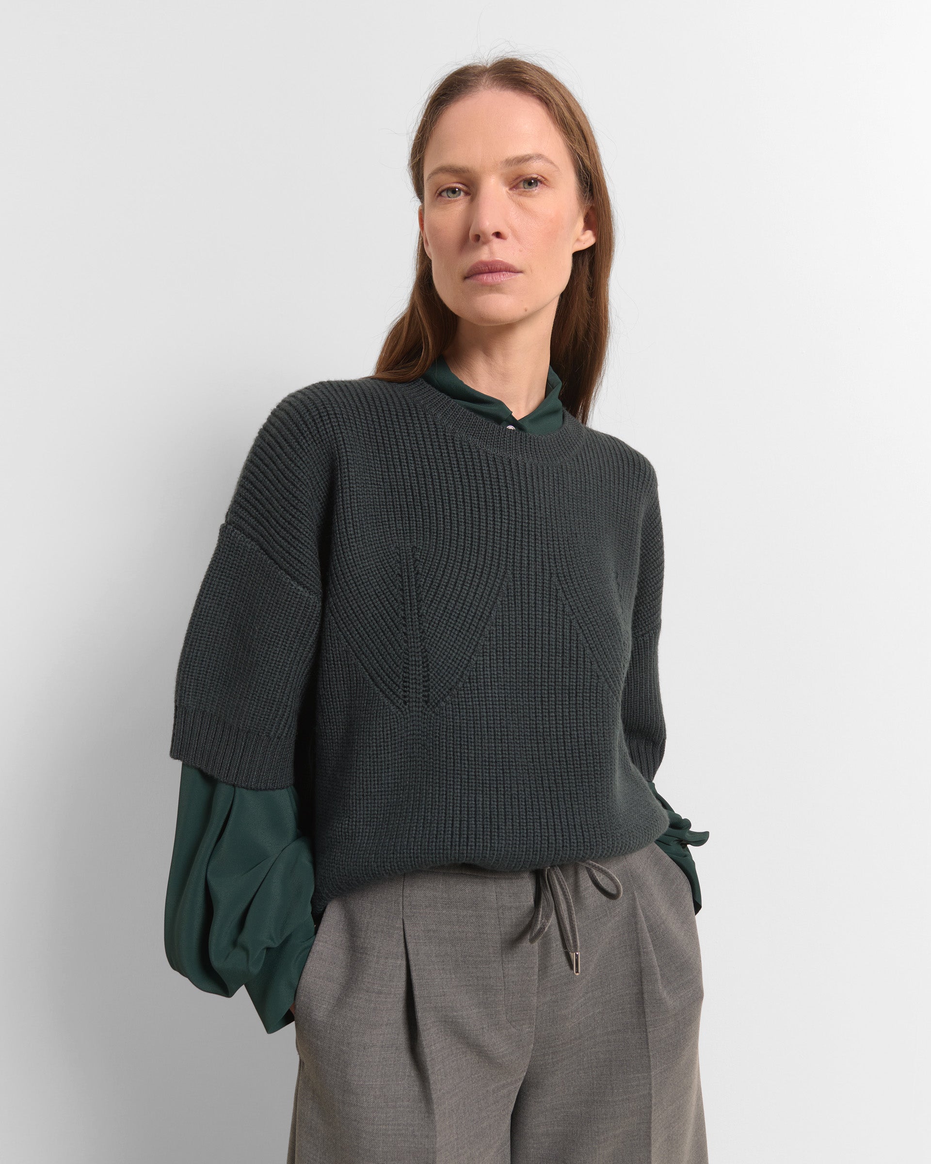Beatrice B Dark Blue Ribbed Wool Crew Neck, Short Sleeve Sweater