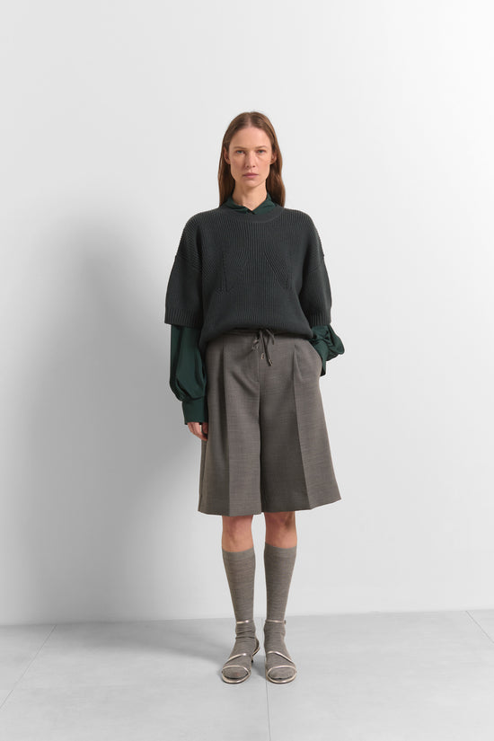Beatrice B Dark Blue Ribbed Wool Crew Neck, Short Sleeve Sweater
