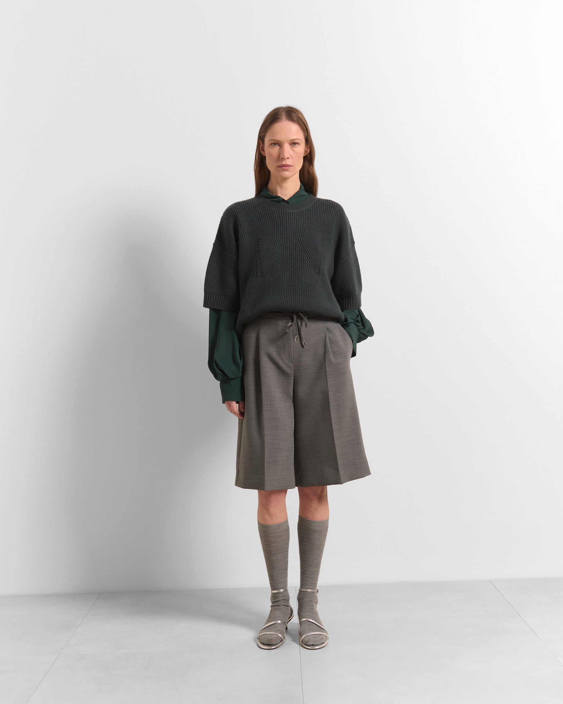 Beatrice B Dark Blue Ribbed Wool Crew Neck, Short Sleeve Sweater