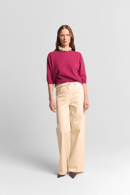 Beatrice B Cerise Wool Cashmere Blend Sweater – Crew Neck, 3/4 Sleeves