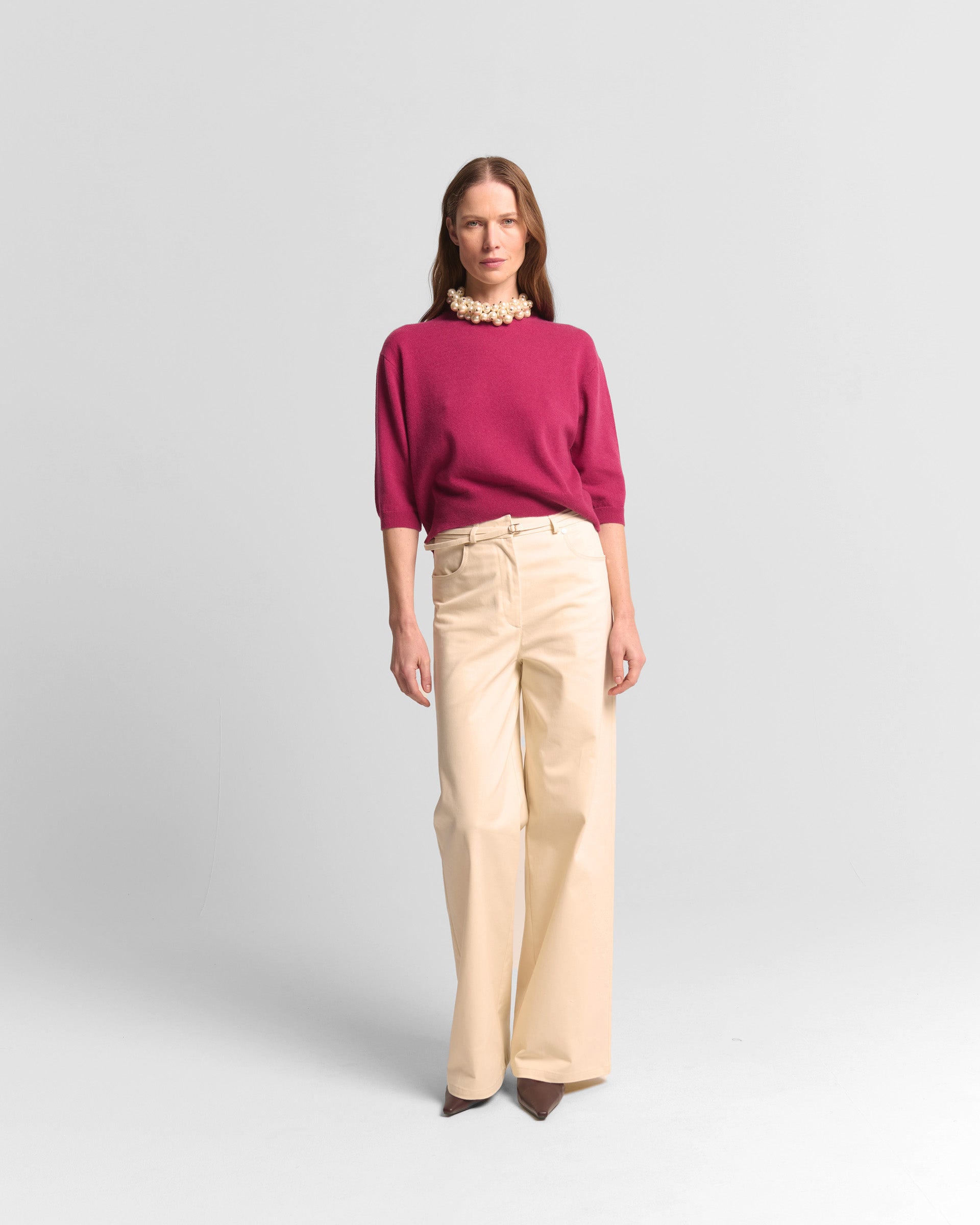 Beatrice B Cerise Wool Cashmere Blend Sweater – Crew Neck, 3/4 Sleeves