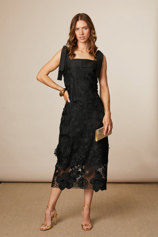 Fee G Black Lace Midi Dress with Tie Straps