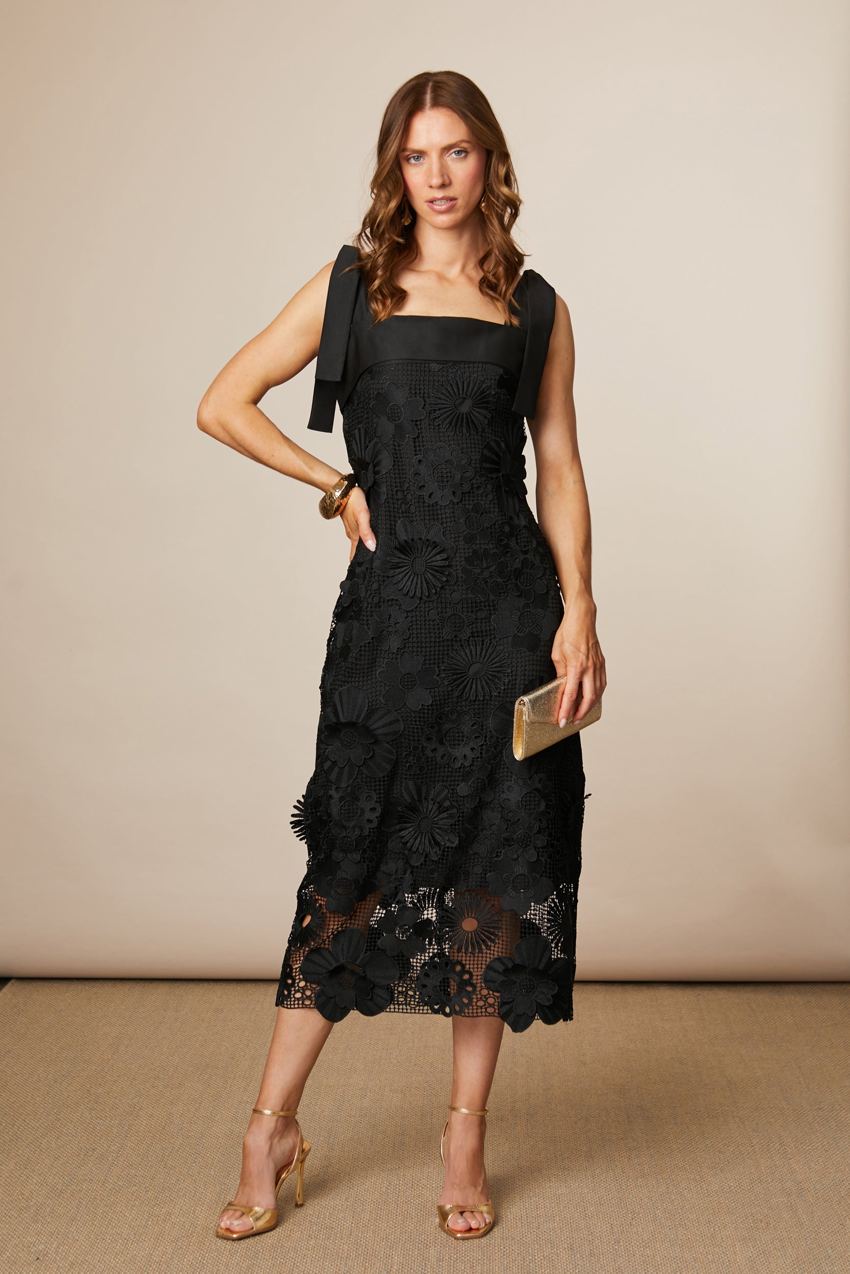 Fee G Black Lace Midi Dress with Tie Straps