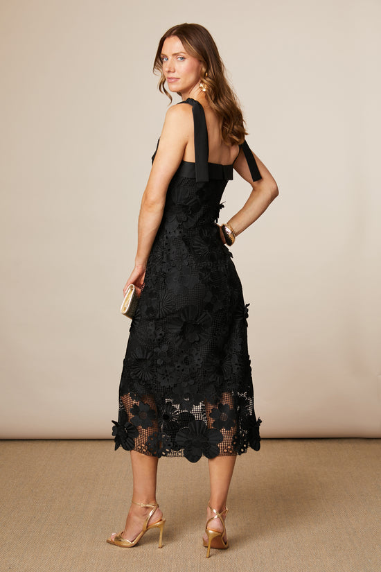 Fee G Black Lace Midi Dress with Tie Straps